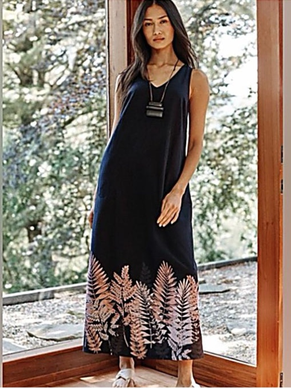 J. Jill | Kantha Stitch A-Line Sleeveless Maxi Dress Fern Hem Cotton Size Small